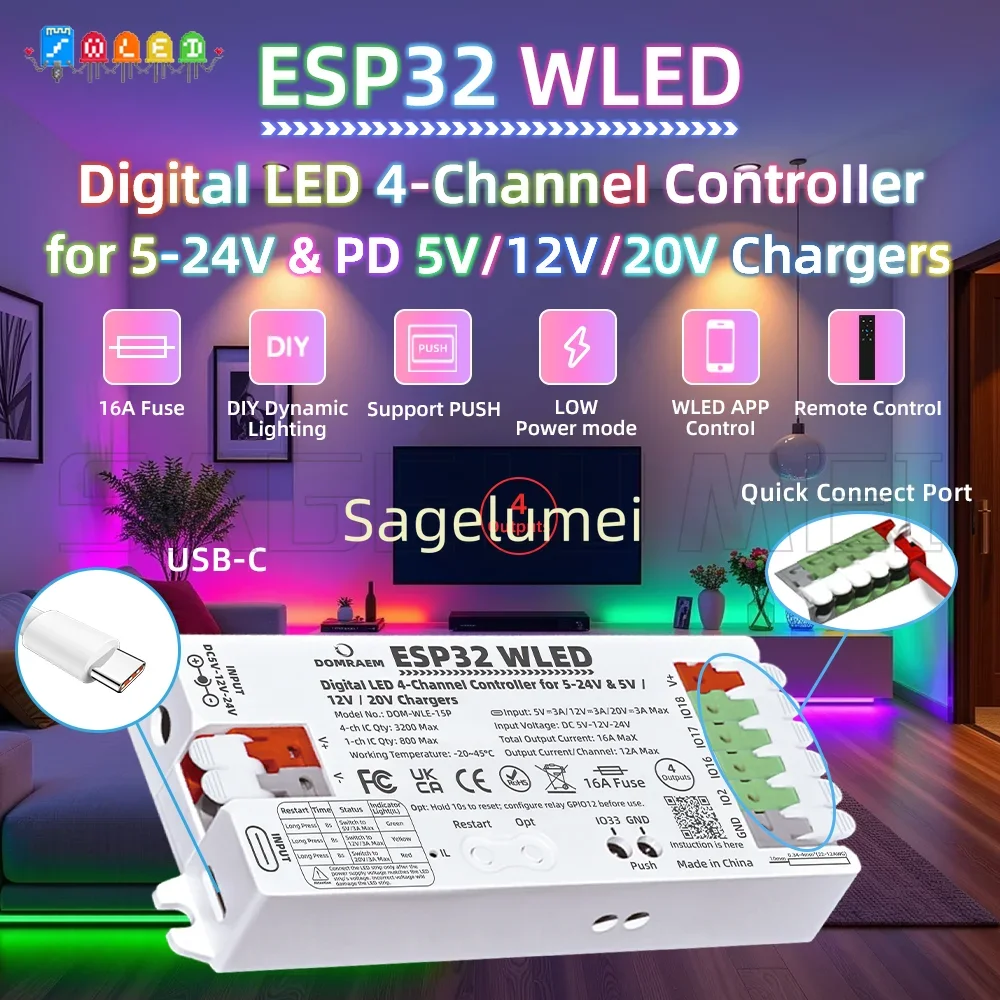 Фото Контроллер DOMRAEM ESP32 WLED, звуковой реактивный микрофон, 4 выхода, 16 А, предохранитель PD 5 В/12 В/20 В постоянного тока 5-24 В для WS281X SK6812 APA102 Pixel Light №4
