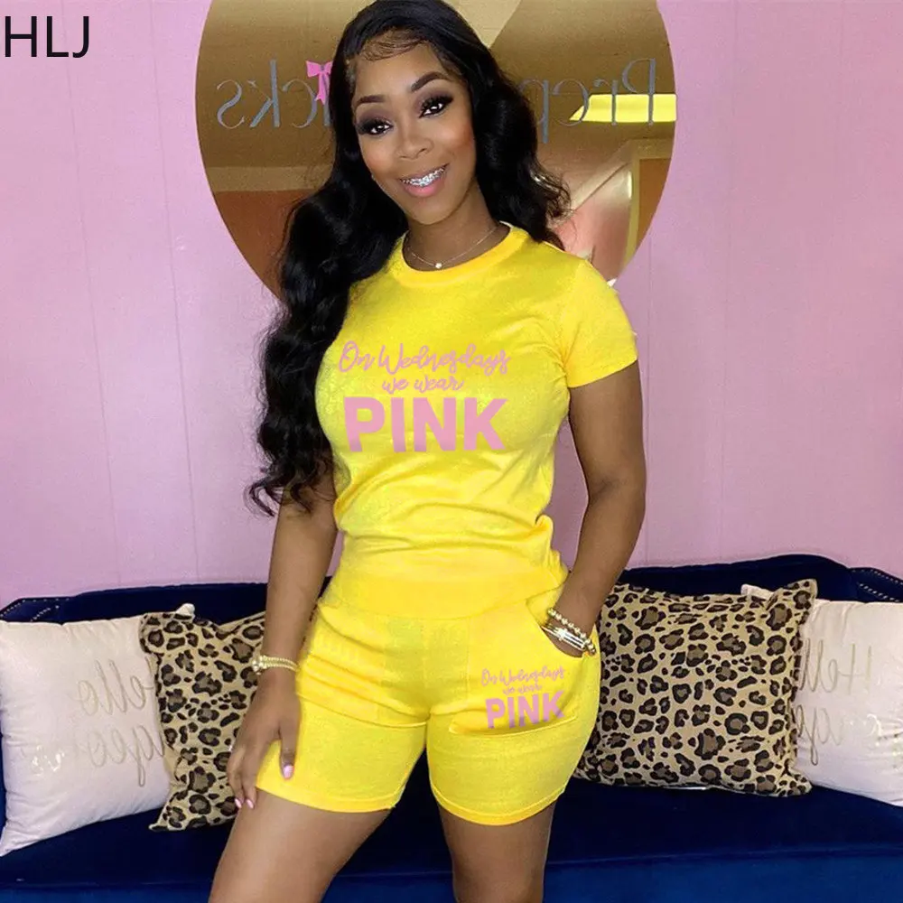 

HLJ Casual PINK Letter Printing Tracksuits Women Round Neck Tshirt And Biker Shorts Two Piece Sets Summer Jogger 2pcs Outfits