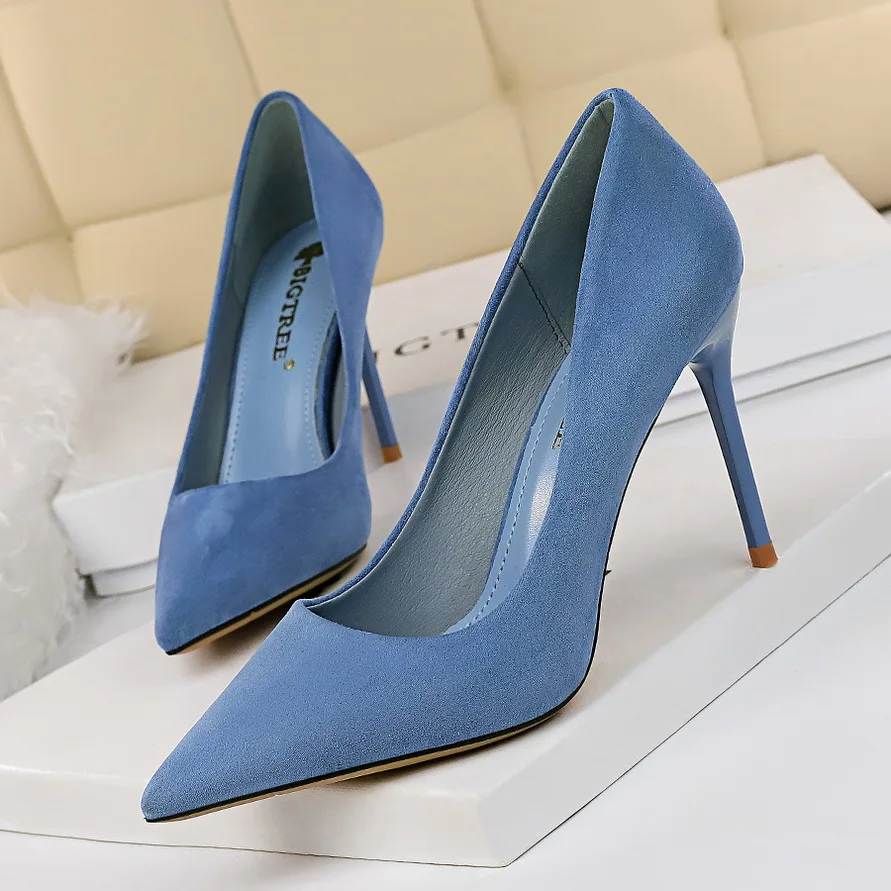 New Women Pumps 9cm High Thin Heel Pointed Toe Solid Shallow Fashion Sexy Ladies Women Shoes Suede Female High Heel Pumps