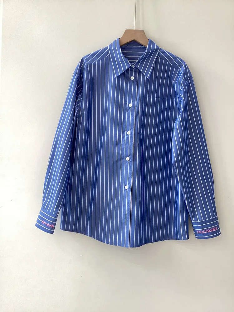 

Women Shirt Stripes Turn-down Collar Letter Embroidery Long Sleeve Single Breasted Blouse 100% Cotton Office Lady