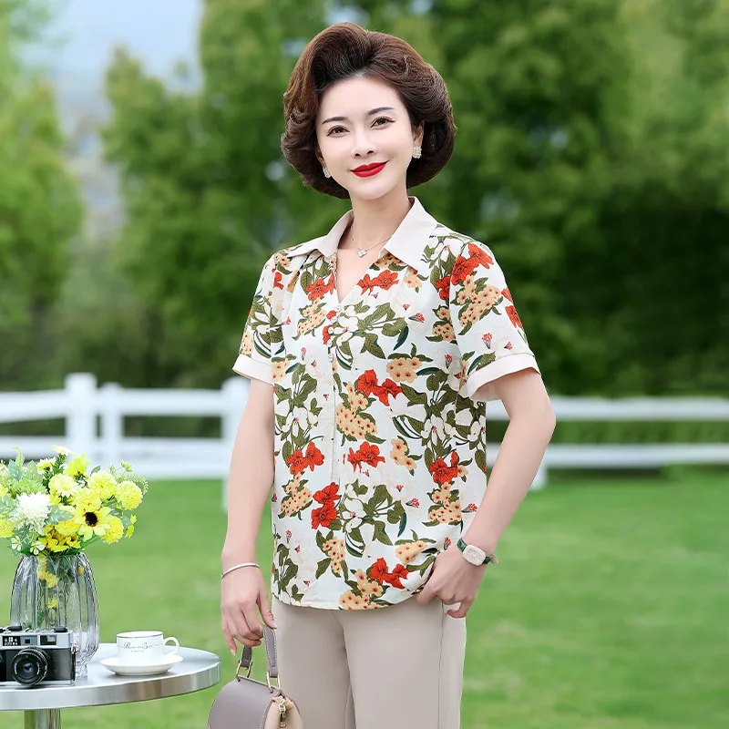 

2023 Summer Middle Aaged Women Fashion Casual Short Sleeve Blouse Tops Female Flower Print Loose lapel neck Shirt