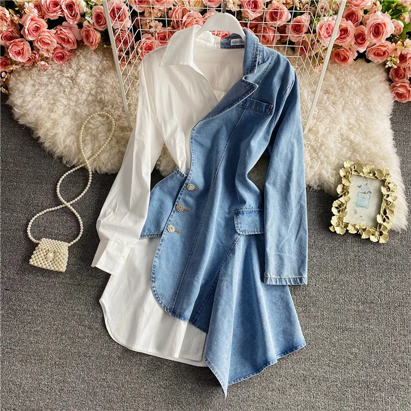 

Spring Irregular Denim Shirt Dress Stitching Long-sleeved Female Suit Dress Elegant Turn-down Collar Women Office Lady Dresses