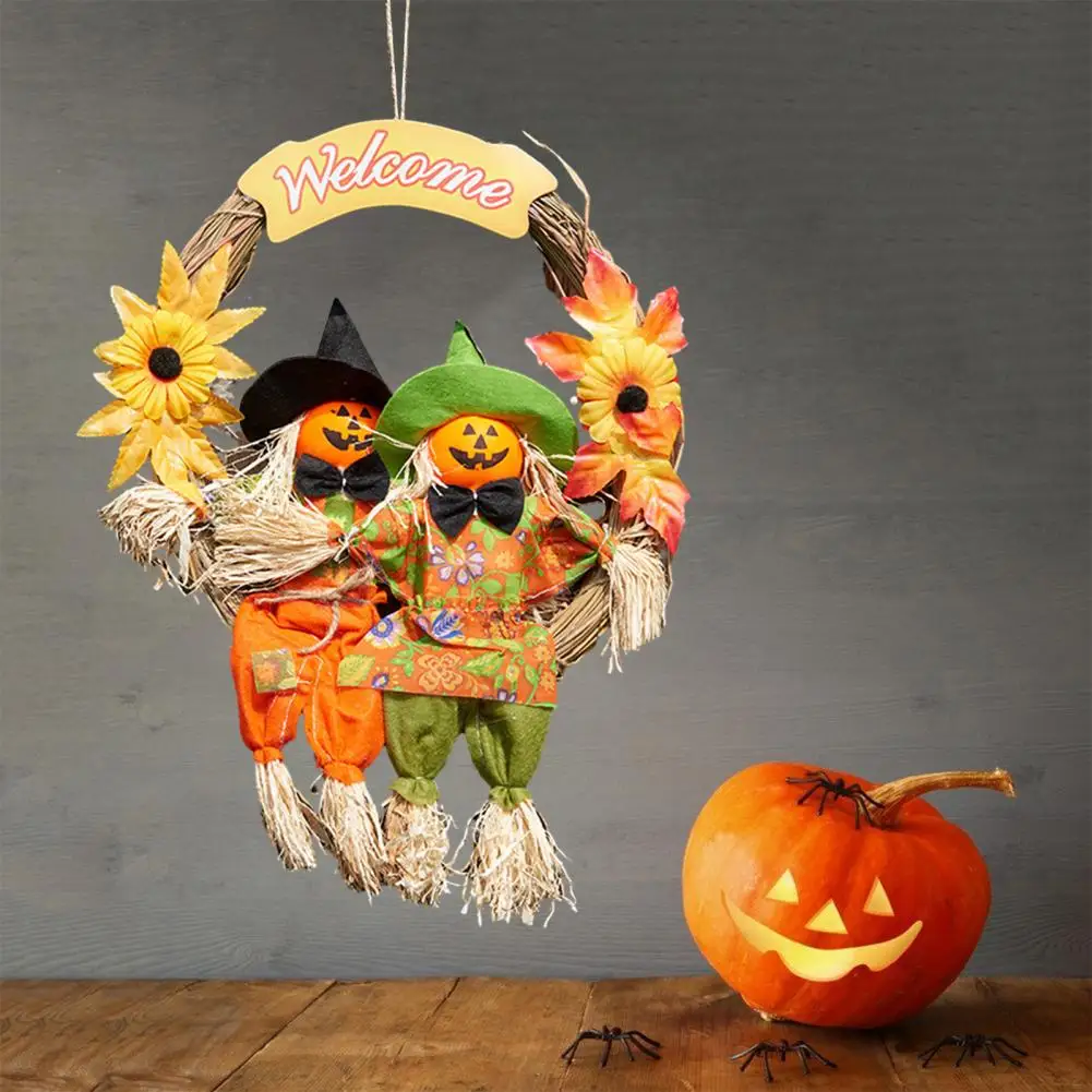 

Durable Halloween Wreath Spooky Halloween Pumpkin Doll Wreath Witch Hat Maple Flower Decoration for Indoor/outdoor Wall Front