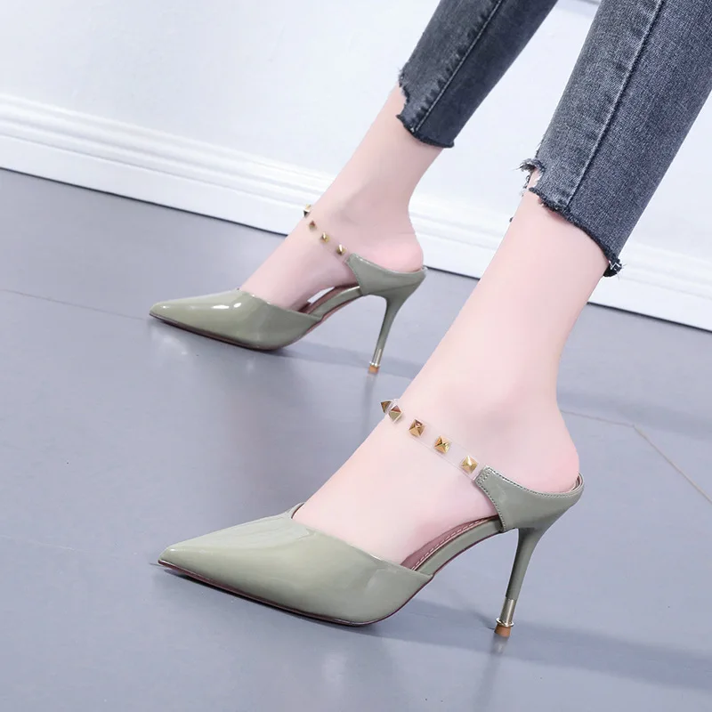 

Baotou half slippers women's new summer fashion outer wear stiletto rivets pointed sandals and slippers high heels slippers