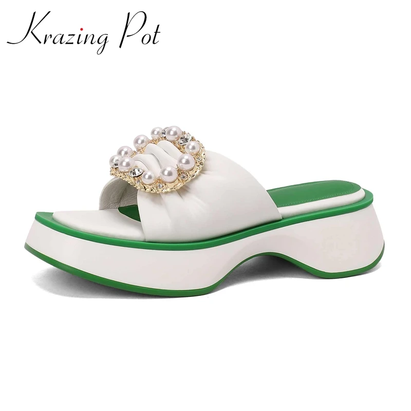 

Krazing Pot Genuine Leather Thick Bottom Summer Slides Pearl Rhinestone Young Lady Daily Wear Elegant Cozy Outside Slippers L11