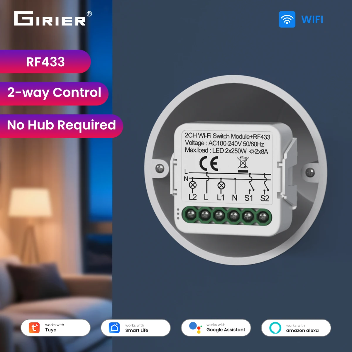 Фото Модуль умного выключателя GIRIER Tuya WiFi RF433, требуется нейтральный провод, 1/2/3/4 канала, поддержка двустороннего управления, работает с Alexa и Google Assistant №1