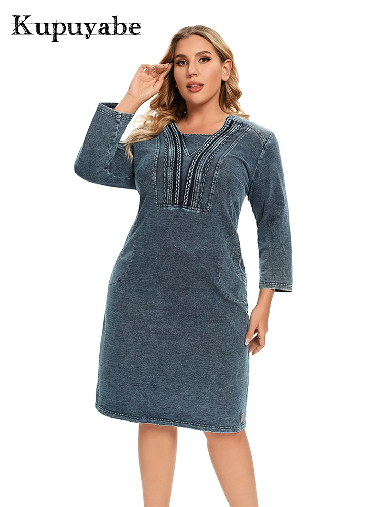 

KUPUYABE Women's Denim Dress Autumn Cotton Knitted Fashion Casual Pocket Denim Dress