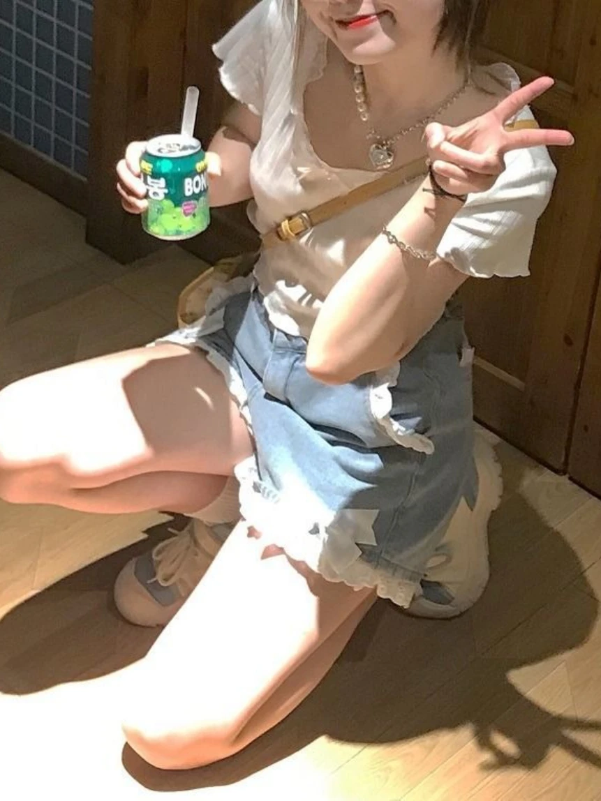 Japanese Lolita Soft Girl Denim Shorts Female Student Spring Summer High Waist Lace Bow A- Line Wide Leg Shorts Jeans Hot Pants