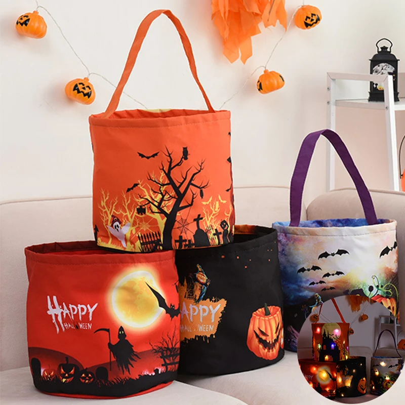 

Halloween Decoration Led Lights Pumpkin Bag Kids Door To Door Trick or Treat Ghost Festival Bucket Prop Halloween Party Supplies