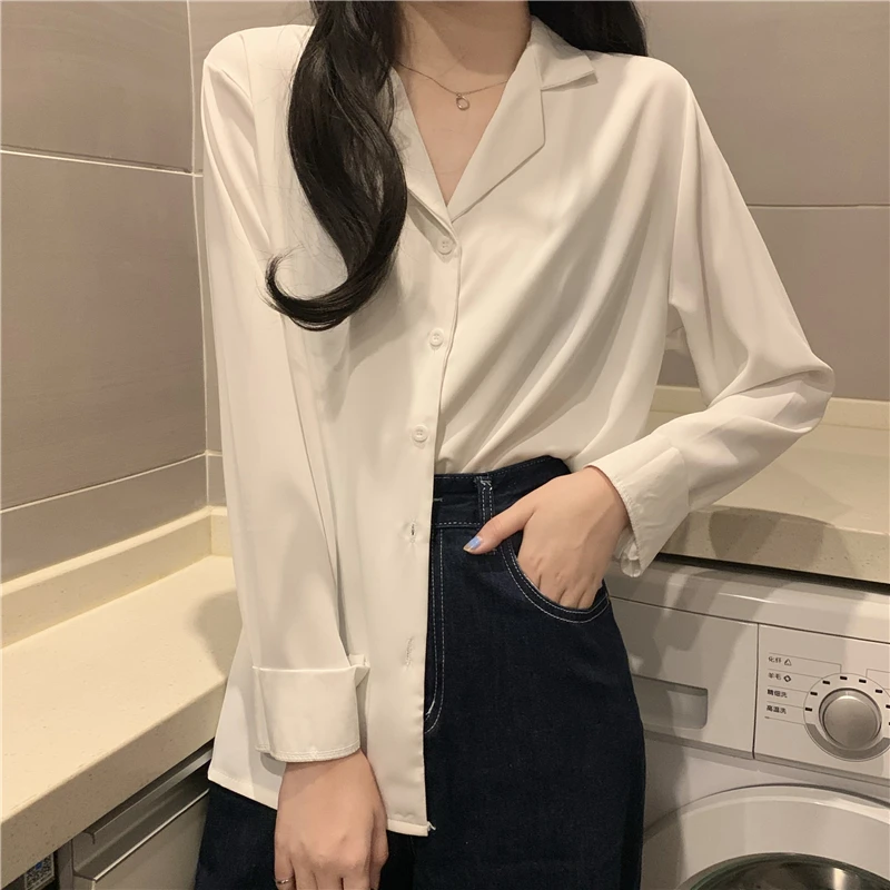 

2021 new Hot selling women tops korean fashion long sleeve blouse casual ladies work button up shirt female white blouse BAy762