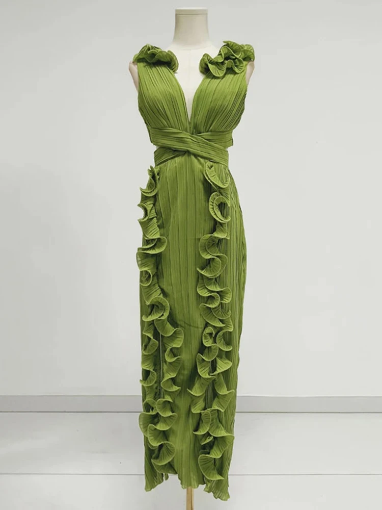 Женское лоскутное платье без рукавов VGH однотонное с глубоким V-образным вырезом