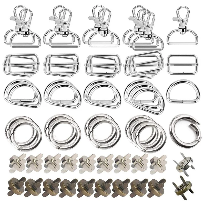 

60Pcs Bag Making Accessories Metal Bulk With D Rings O Ring Swivel Snap Hooks Snaps Buttons And Slide Buckles