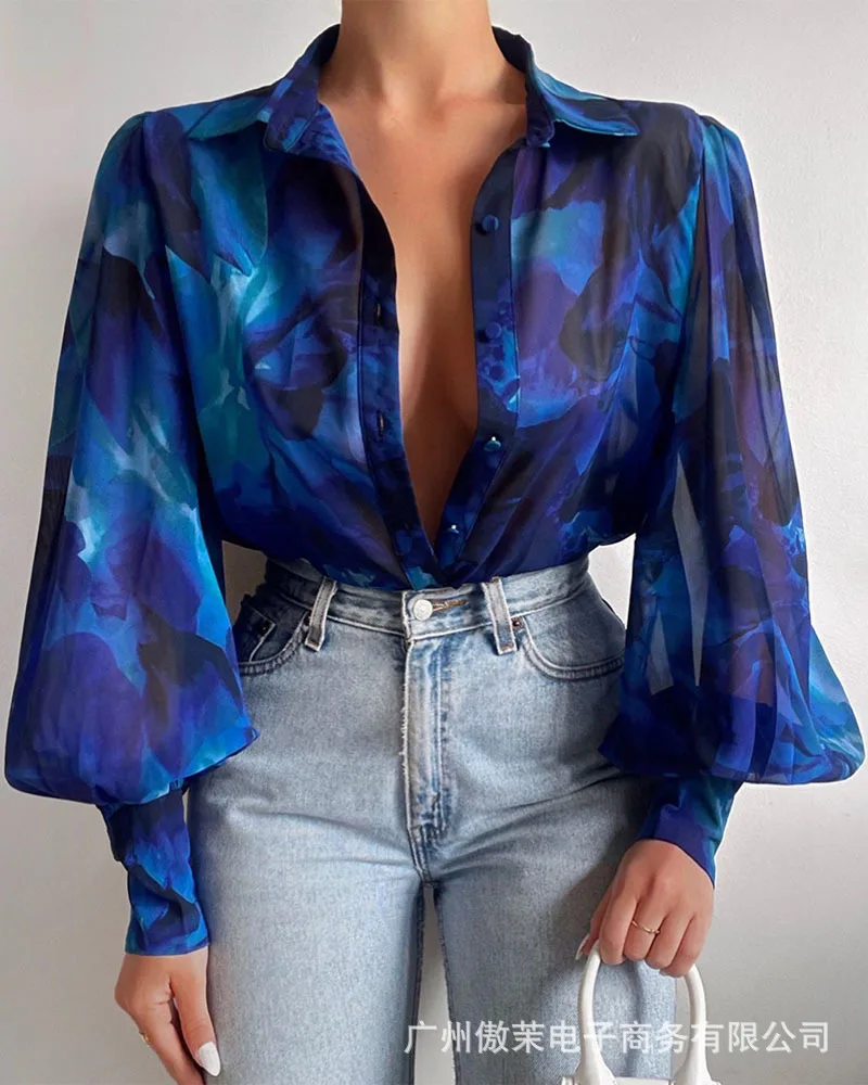 

Vintage Print Shirt for Women 2022 Women's New Printed Lapel Lantern Sleeve Casual Shirts