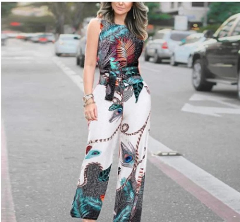 

Women's Peacock Print Suspenders Jumpsuit 2022 Summer Sexy Sleeveless Holiday Style High Waist Wide Leg Pants