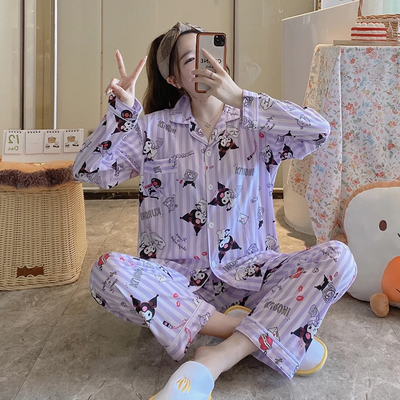 

Kawaii Hello Kitty Kuromi My Melody Cinnamonroll весенне-осенняя женская пижама аниме Sanrio Симпатичный хлопковый комплект для девушек