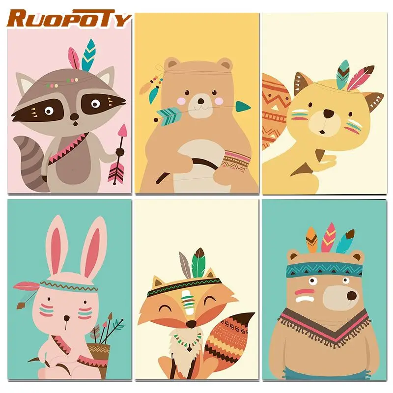

RUOPOTY Painting By Numbers Cartoon Animals DIY Paint By Number Canvas For Kids Gift Living Room Decor Art