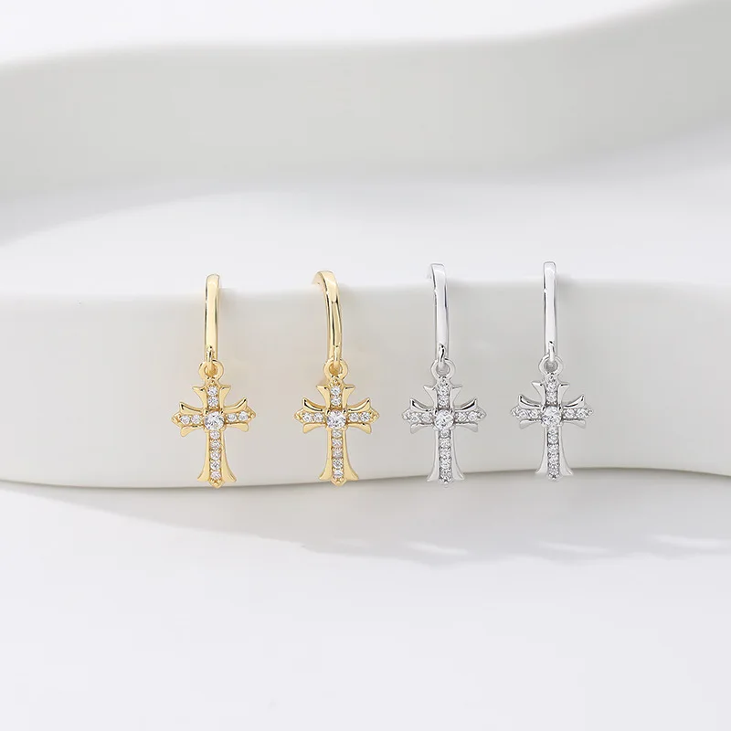 

S925 Sterling Silver Gold Cross Zircon Earrings Female Retro Personality Earhook Fashion Silver Jewelry