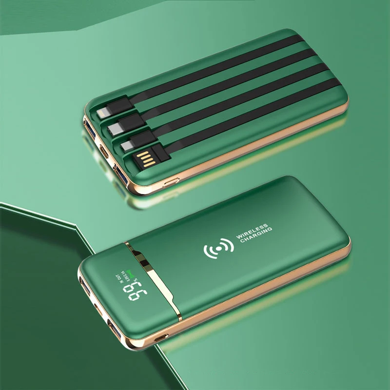 Беспроводное зарядное устройство 20000 мАч Power Bank с 4 кабелями портативный внешний