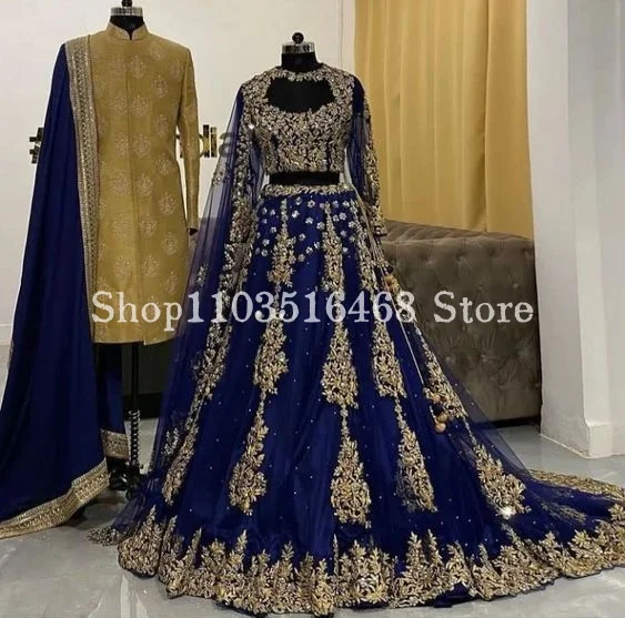 Индийские женские свадебные платья Роскошные синие вечерние с драгоценными