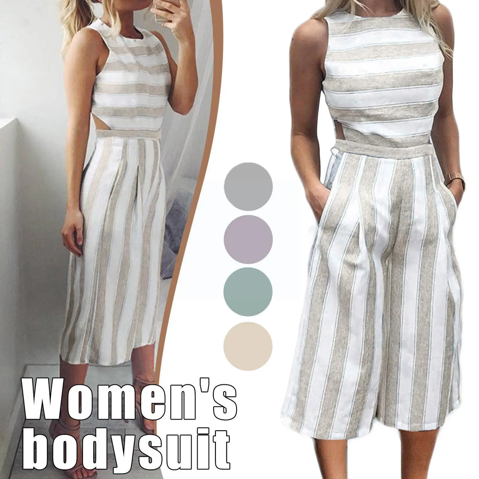 

Rompers Women Jumpsuit Round Neck Sleeveless Playsuit Clubwear Fashion Leg Lady Striped Cropped Jumpsuit Vest Jumpsuit Stra I9J3