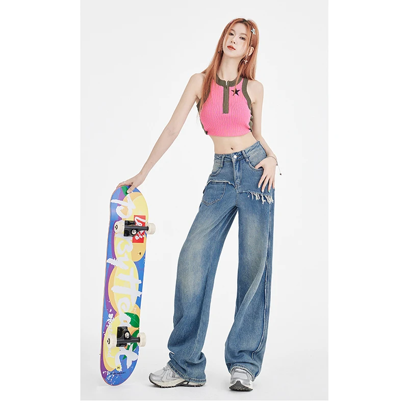 Jeans Women 2023 Summer Baby blue Pants High Street New High Waist Loose Straight Floor Pants Versatile Show Tall and Slim