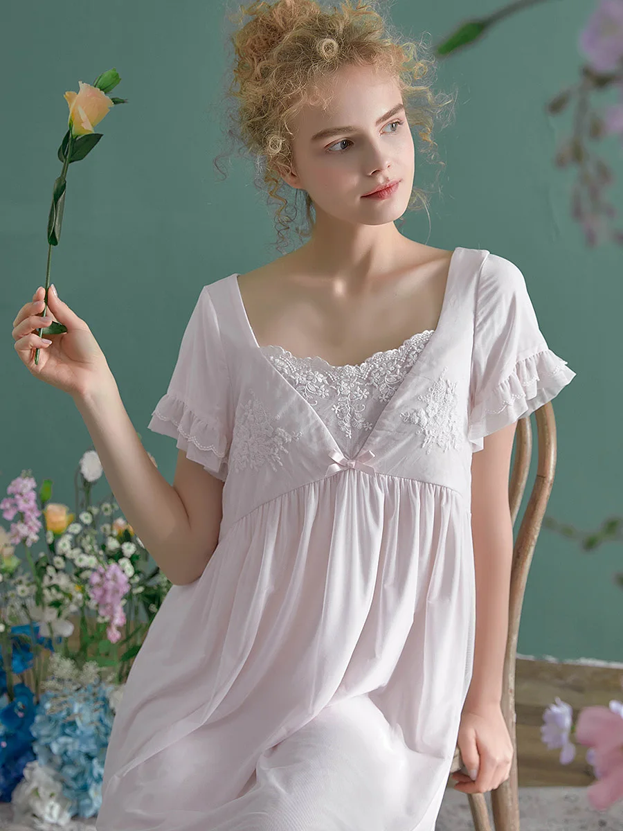 

New Vintage Short Sleeve Nightgowns Deliacate Embroidery Modal Gauze Princess Sleepwear Loose Royal Nightwear Home Dress