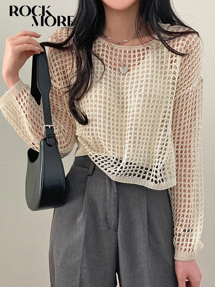 

Rockmore Fishnets Hollow Out Knitted T-Shirts Y2K Harajuku Loose Long Sleeve Smock Tops Summer Casual All-match Women Pullovers
