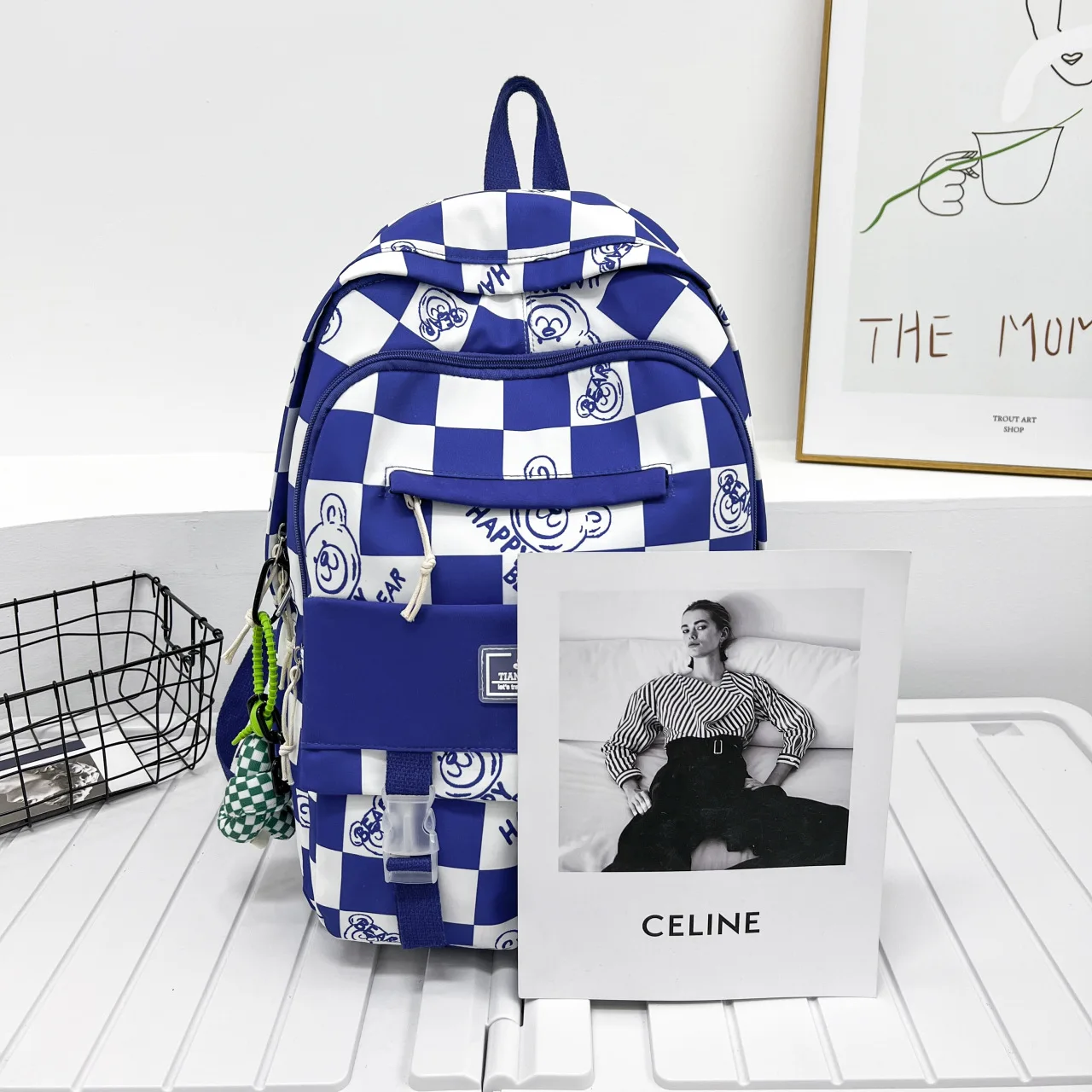 Klein Blue Bag Female Junior High School Senior high school Chessboard Plaid Backpack Male Large Capacity Computer Backpack
