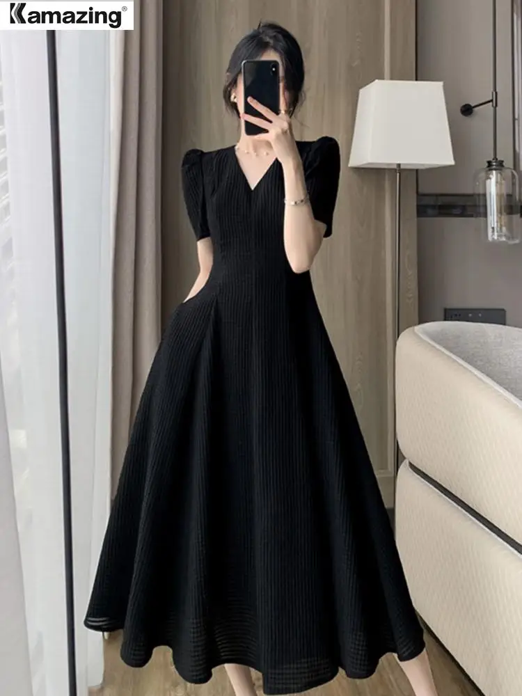 

Women Elegant V-neck Evening Party Black Vestidos Summer Fashion France Slim Waist Short Sleeve Dress Female Casual Clothes