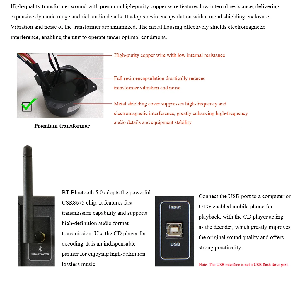 Фото CD-плеер CD-MU5T с двумя трубками, Bluetooth 5.0, вход USB-B, профессиональный CD-плеер для воспроизведения музыки, оснащенный ЦАП ES9018, декодирование 32 бит 384 кГц №5