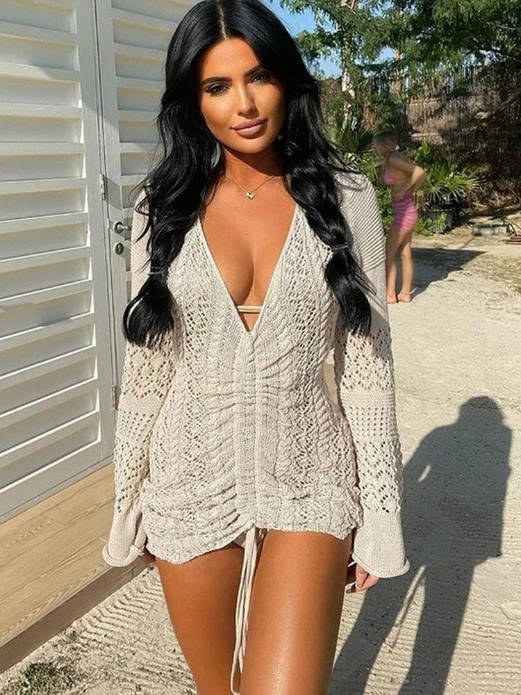 

Sexy Hollow Crochet Knit Dresses New Arrival 2022 Spring Long Sleeve Dress Vacation Brunch Outfits for Women