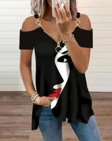 womens tops abstract figure print cold shoulder top zipper chain casual tee female short sleeve t shirt new outfits 2022 summer