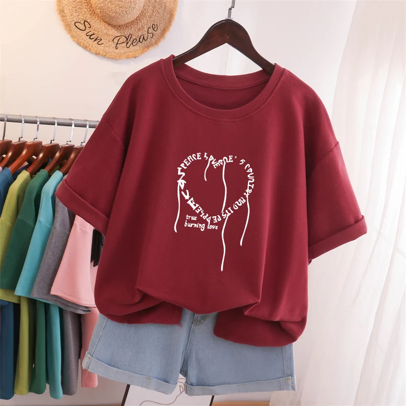 

DAYIFUN Oversized T Shirts 100% Cotton Plus Size T Shirt Summer Top Tees Heart Printed O Neck L-6XL Short Sleeve Tshirt Women