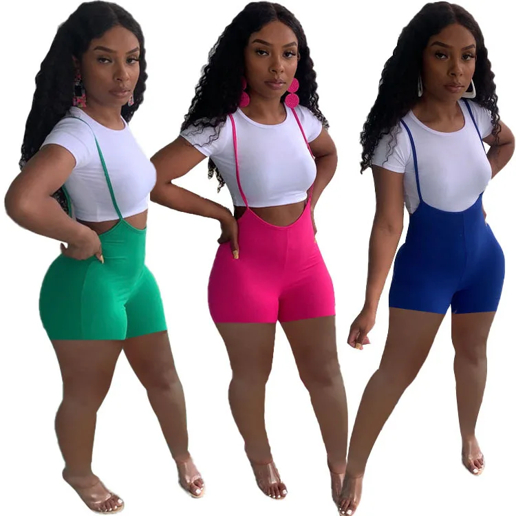 

Echoine Women's 2022 Summer Casual Solid Round Neck Short Sleeve Suspender Skinny Shorts Sexy Spaghetti Strap Slim Bib Romper