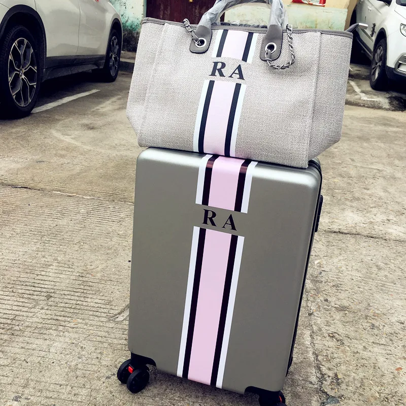 

Personalised Monogram Luggage Classic Grey with Stripe Set of 3 French Grey, White & Pink- Suitcase, Jumbo & Mini Tote T
