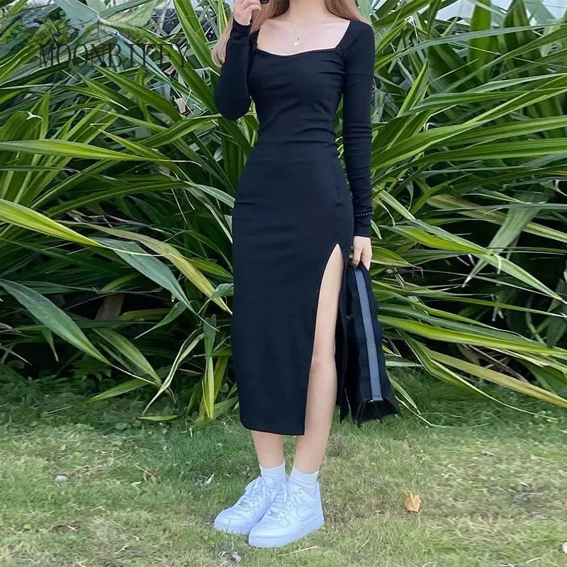 

Women Long Sleeve Dress Mid-calf Length Square Collar Black Sheath Retro Slim Sexy Vintage Side Slit Stretchy All-match Simple