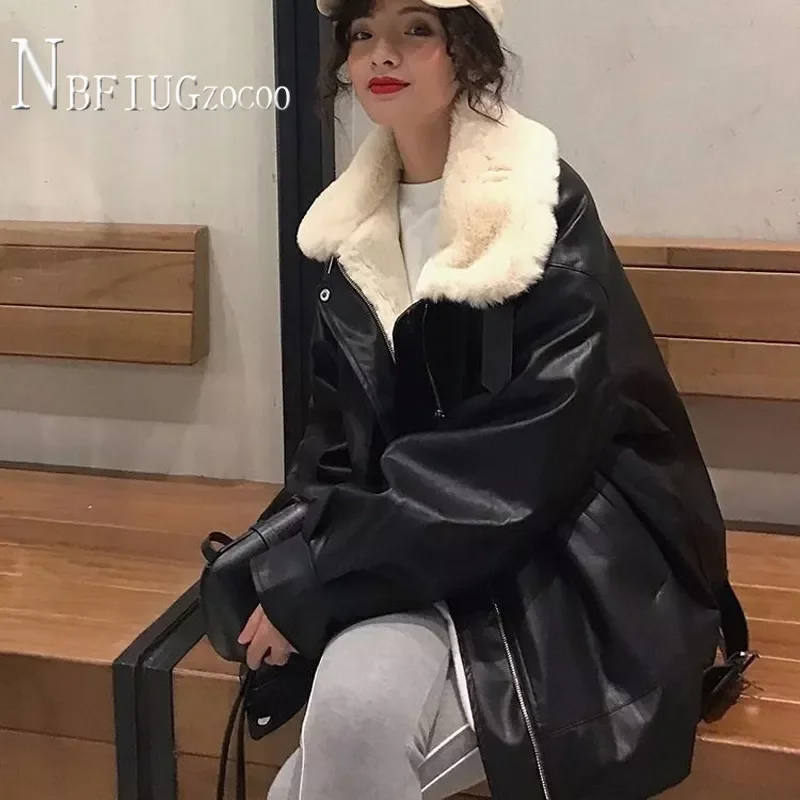 Enlarge 2020 New Korean Lining With Imitation Lambswool Women Pu Leather Coat Thick Warm Female Jacket