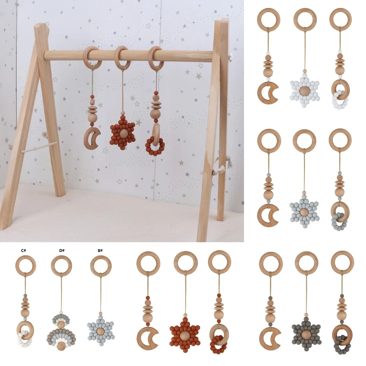 

1pc Baby Play Gym Frame Wooden Beech Activity Gym Frame Stroller Hanging Pendants Toys Teether Ring Nursing Rattle Toys Decor