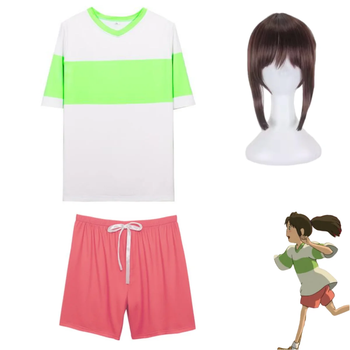 

Anime Movie Spirited Away Ogino Chihiro Cosplay Costume Children Stripe T-shirt Wig Adult Kids Man Woman Carnival Party Suit