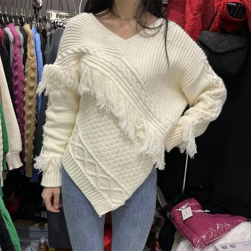 Женский трикотажный пуловер свитер с полуоткрытым V-образным вырезом 2022 женское