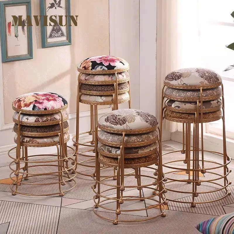 

Fashion European-Style Creative Small Round Stool Home Dining Table Coffee Table Chair Fabric Light Luxury Folding Low Stool