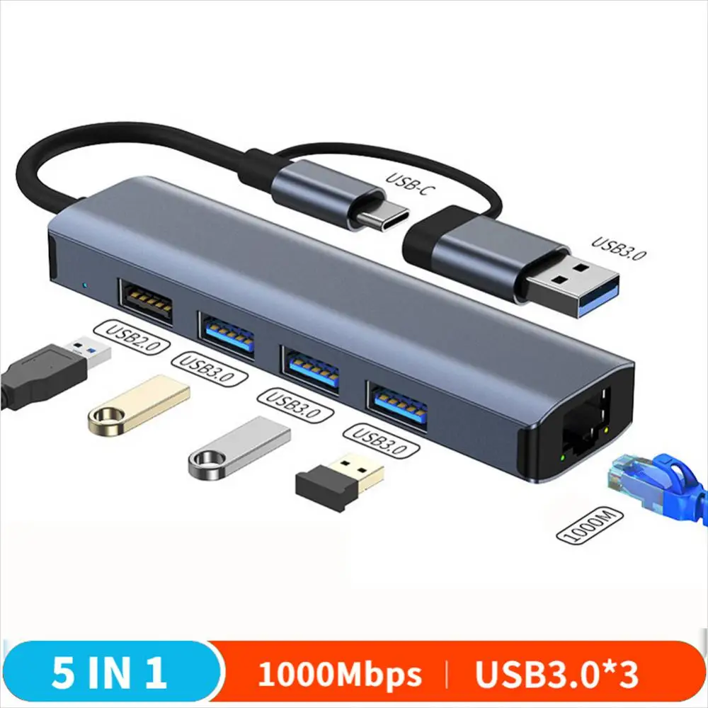 

RYRA 5 In 1 Expansion Dock USB3.0 Hub 1000Mbps RJ45 Docking Stations Multi-port Splitter Fast Charging Adapter PC Laptop Phone