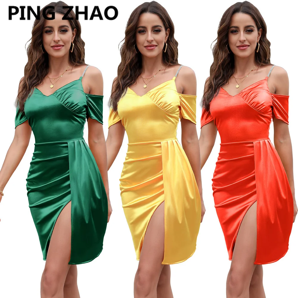 

Женское атласное платье-миди с разрезом, коротким рукавом и V-образным вырезом