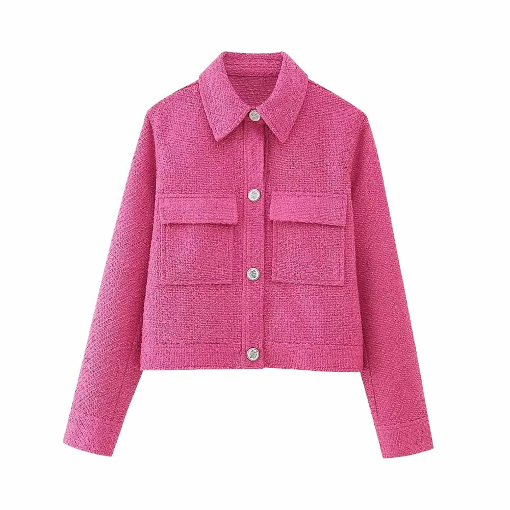 

TRAF Women's Fall New Texture Short Leisure Blazer Female Chic Pocket Decoration Design Elegant Lapel Suit Jacket Mujer 7102233