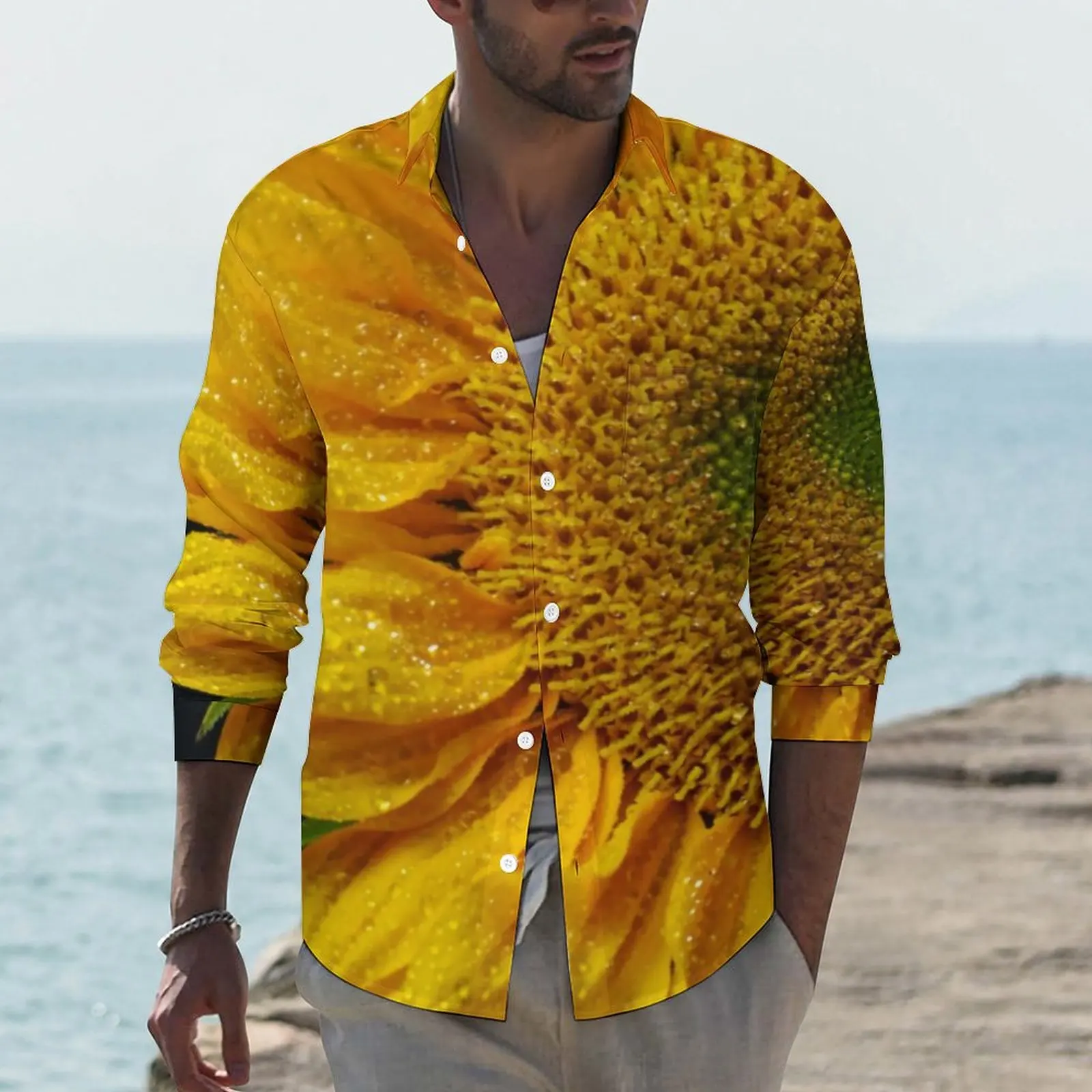 

Large Yellow Flower Casual Shirts Men Blossom Sunflower Shirt Long Sleeve Loose Harajuku Blouses Autumn Pattern Tops Big Size