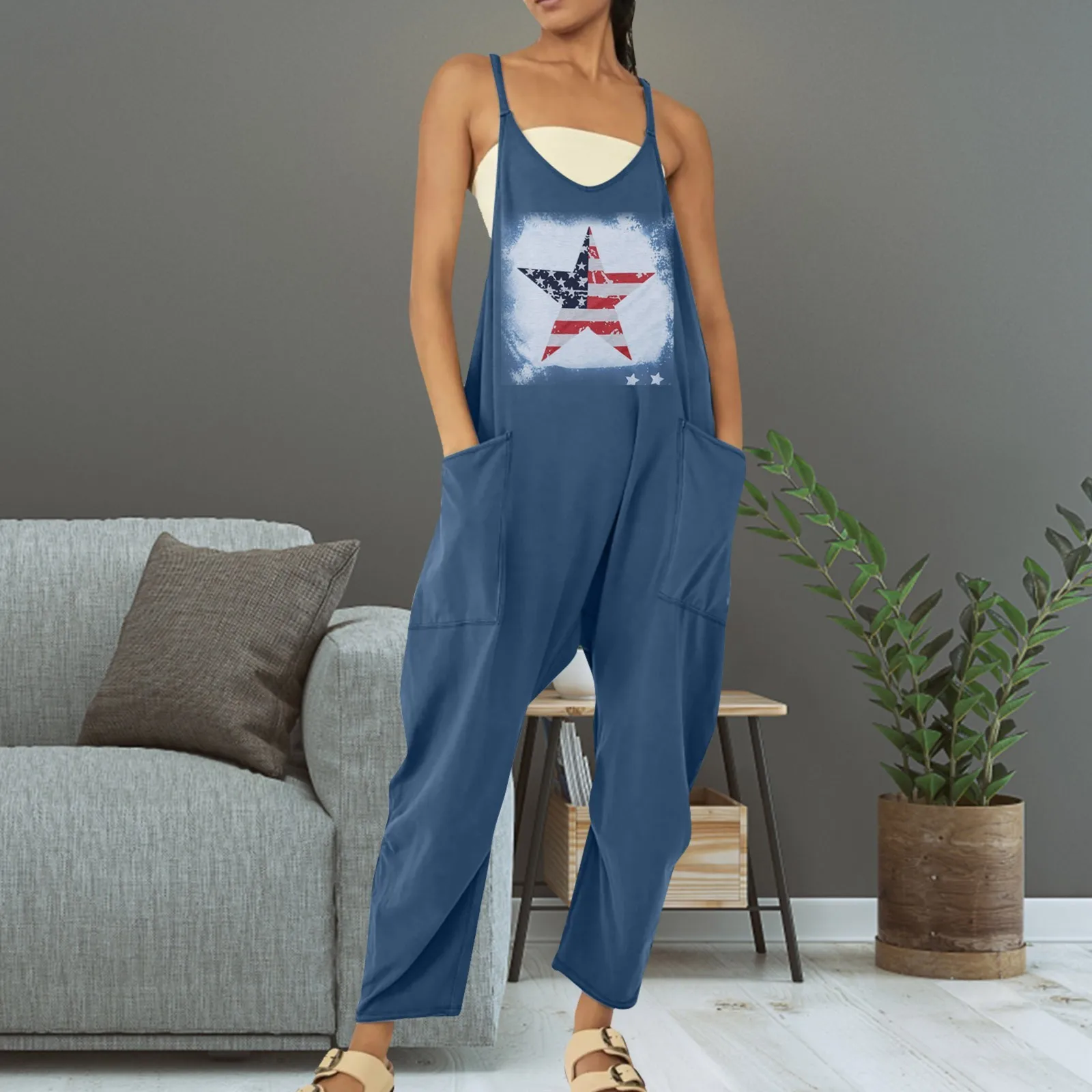 

Independence Day Printed Spaghetti Jumpsuit Pocket Suspenders Women Plus Size Rompers Summer Vintage Loose Wide Leg Overalls