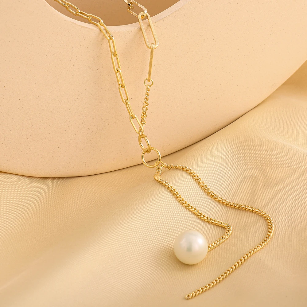 

Simple Imitation Pearls Geometric Gold Color Pendant Necklace Choker for Women Charms Fashion Thick Links Female Vintage Jewelry