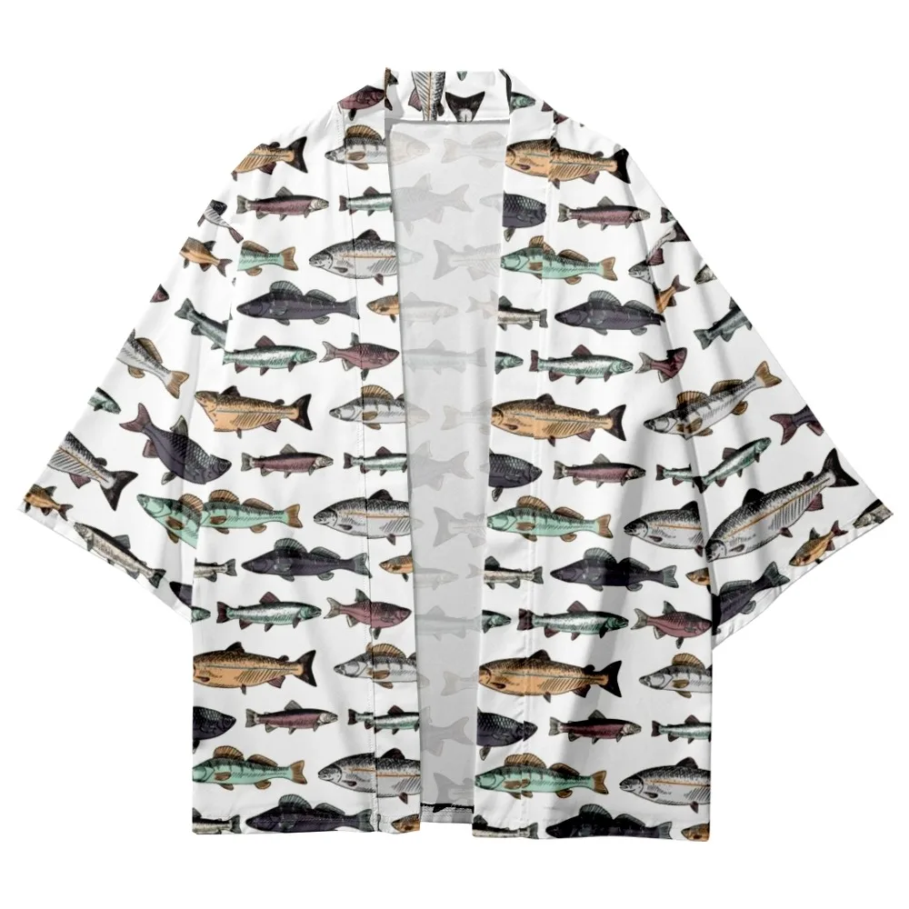 

Sea fish group print beach style shirt casual beach sea fish pattern men's and women's spring and autumn kimono