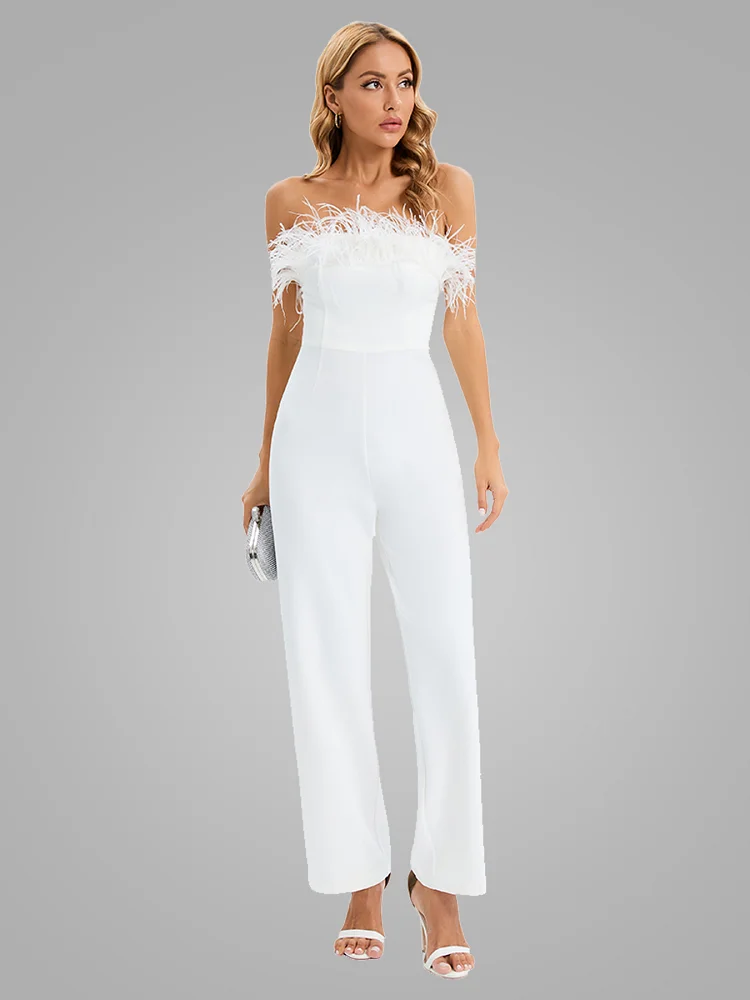 Laura Kors New Women Summer Fashion Sexy Strapless Feather White Mini Bodycon Bandage Jumpsuit Celebrity High Street Rompers