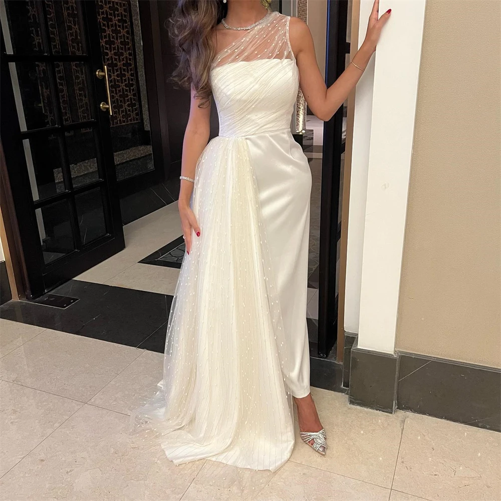 

Fashio White One Shoulder Mermaid Tulle Satin Formal Occasion Prom Dresses Floor-Length Women Evening Party Dress فساتين حفلات